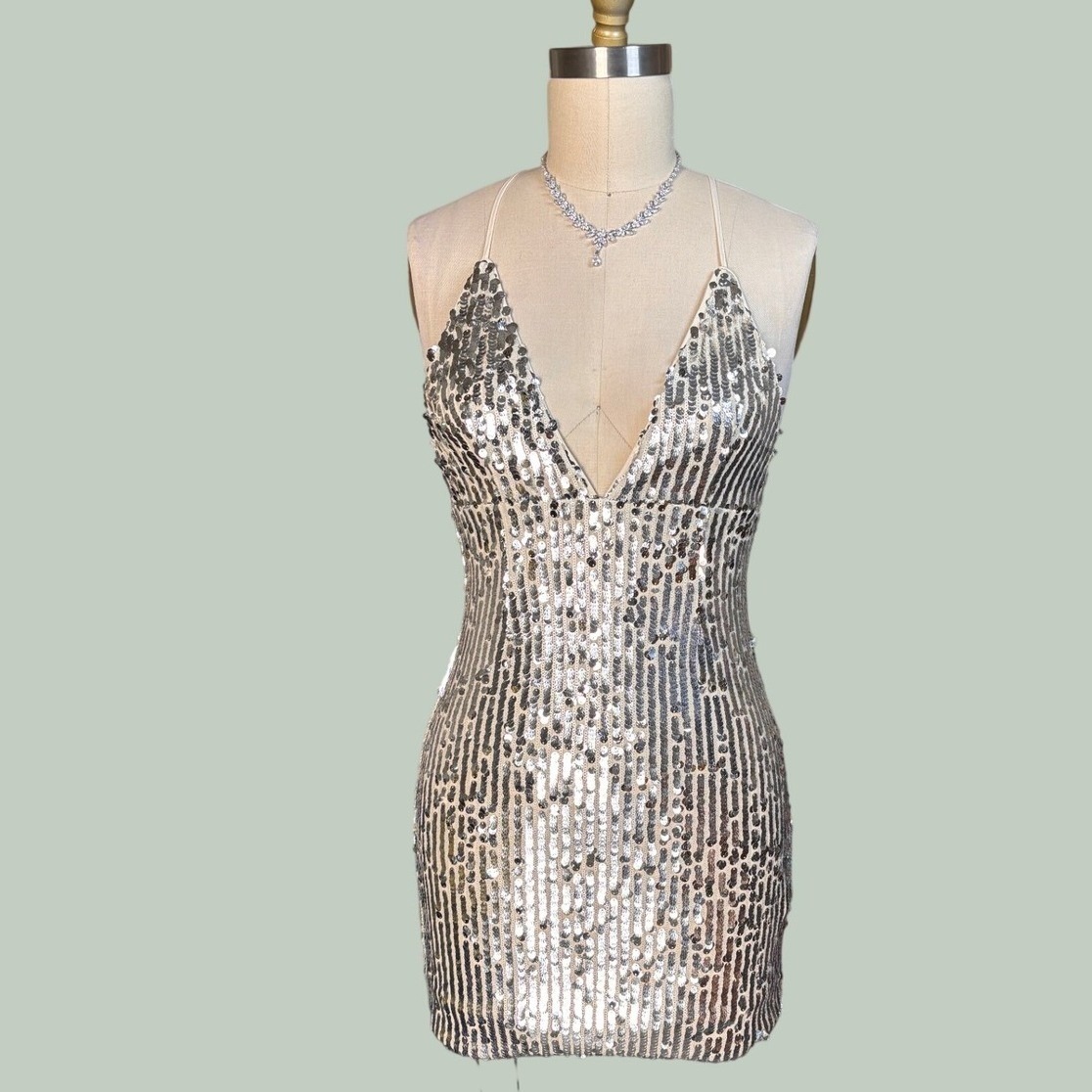 Sequin Party Dress Bodycon Mini V-Neck Open Back Small Silver